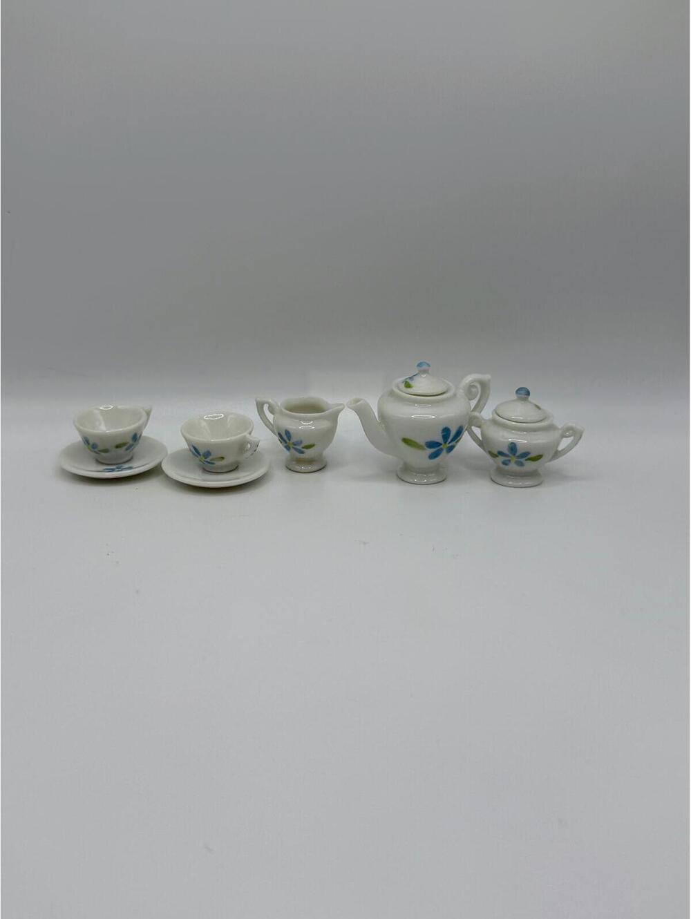 1:6 Scale Mini Ceramic Tea Set White Blue Floral Teapot Cups Creamer